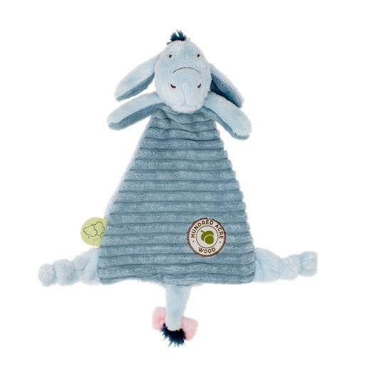 Soft blue Eeyore comforter featuring a plush head with floppy ears, a textured body, and a pink bow, perfect for cuddling and comforting.
