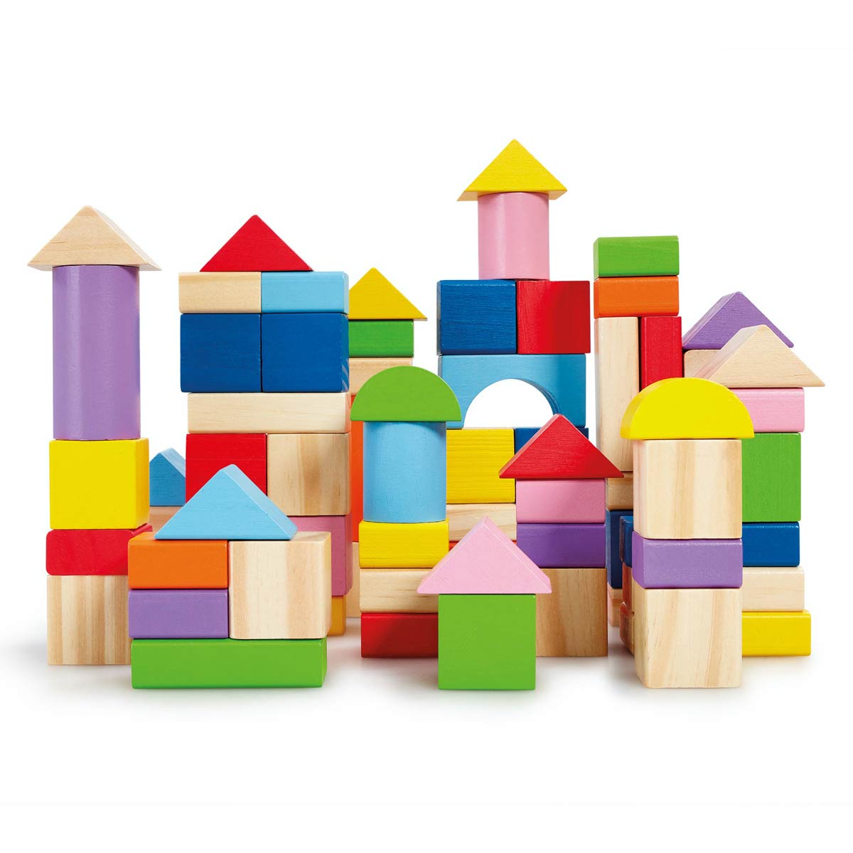 Colorful wooden blocks in various shapes, including towers and houses, featuring bright colors like red, blue, yellow, green, and purple, designed for creative building play.