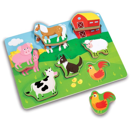 Colorful wooden puzzle featuring chunky farm animal pieces, including a horse, pig, sheep, cow, dog, and rooster, set against a vibrant farm background with a barn.