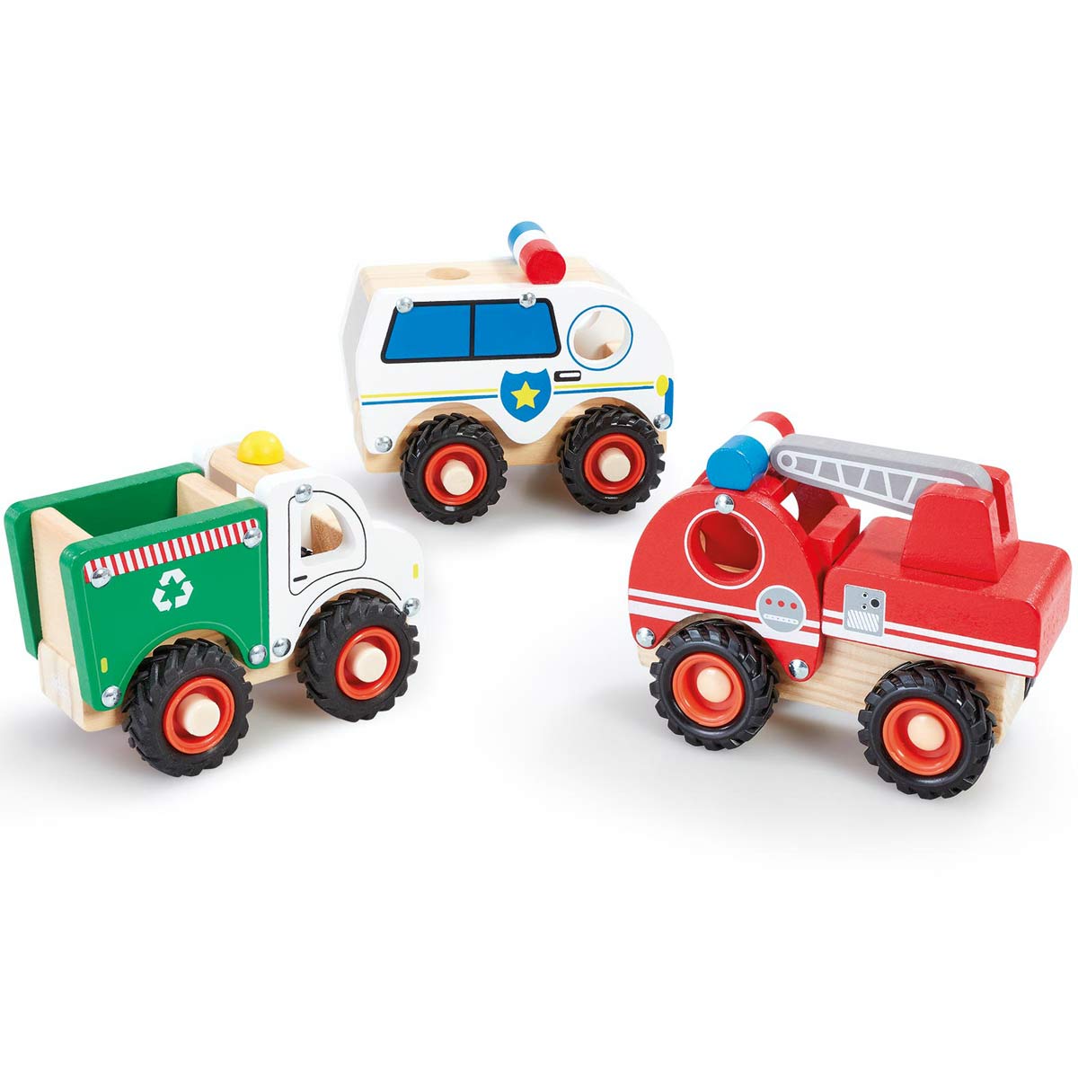 Three chunky wooden vehicles in varying styles: a green recycling truck, a white police car with a blue star, and a red fire truck featuring a ladder, all with black wheels.