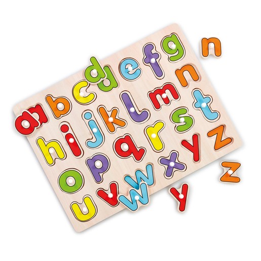 Colorful wooden alphabet puzzle featuring 26 peg letters in vibrant hues, with a smooth base and raised pieces for easy lifting, ideal for early learning and play.