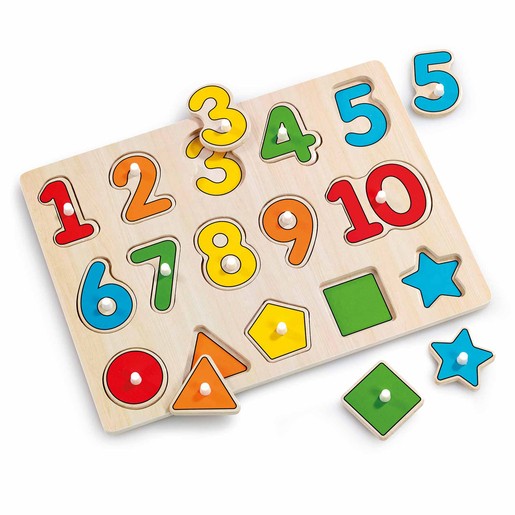 Colorful wooden peg puzzle featuring numbers 1-10 and shapes, with a light wood base, vibrant colors, and easy-to-grasp pegs for young children.