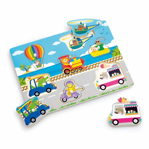 Colorful wooden peg puzzle featuring seven vehicles, including a train, hot air balloon, and cars, with playful animal illustrations on a vibrant, scenic background.