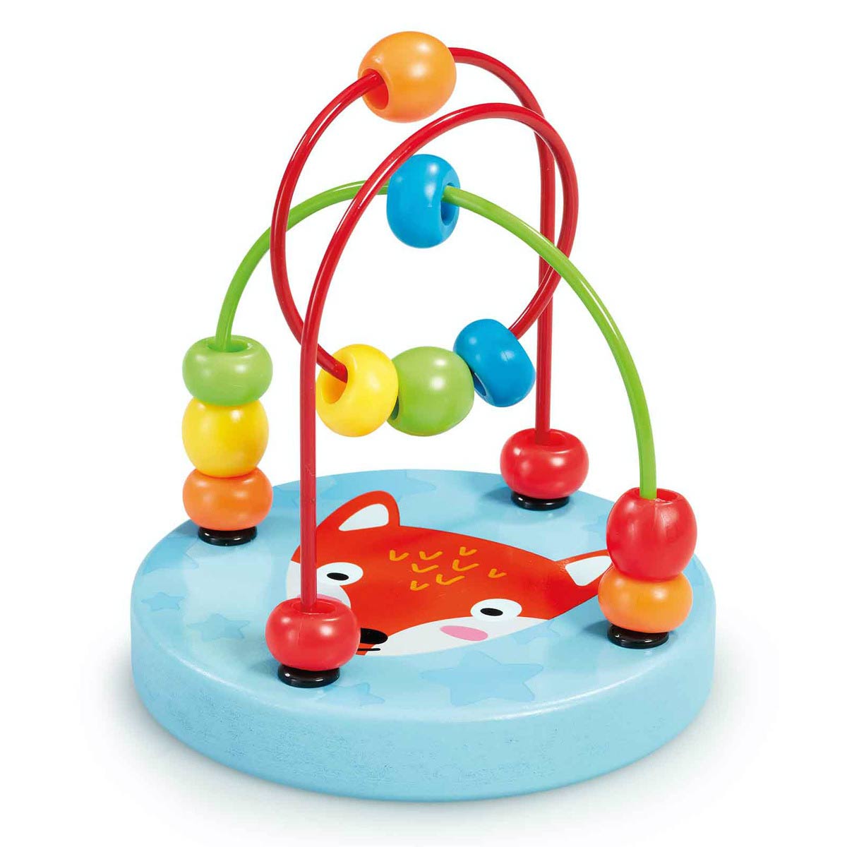 Colorful wooden bead maze featuring a fox design on a blue base, with red, yellow, green, and blue beads threaded on curved wires for interactive play.