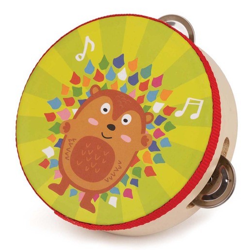 Colorful tambourine featuring a cheerful cartoon bear design on a green background, with a wooden body and jingles on the sides for sound.
