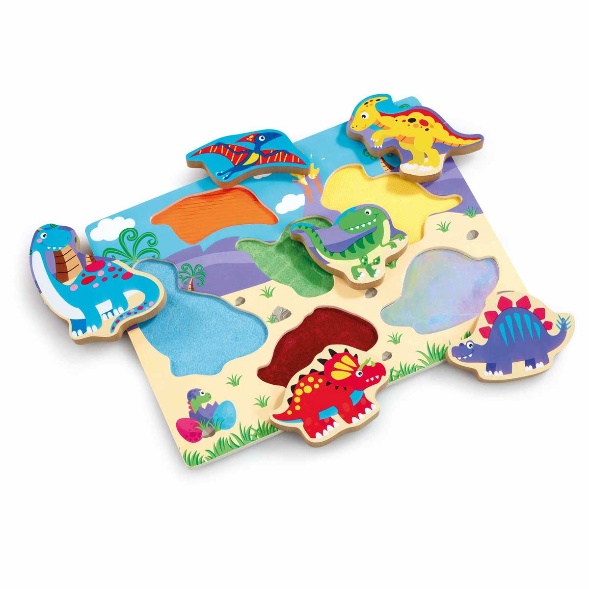 Colorful wooden dinosaur puzzle featuring six textured pieces in vibrant hues, set against a scenic background with greenery and mountains.
