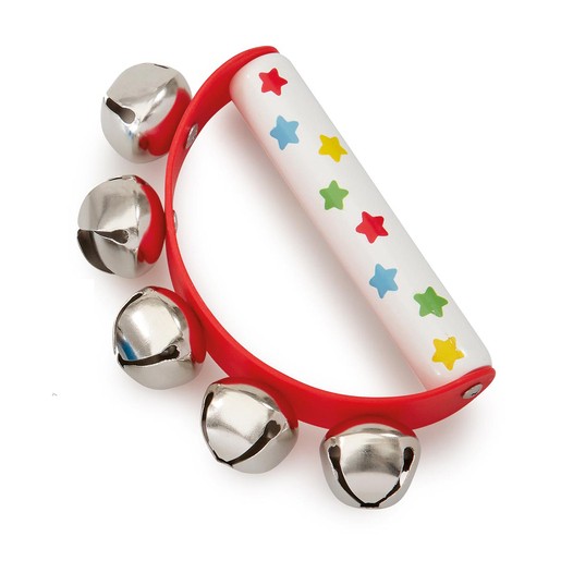 Colorful wooden jingle bells musical instrument with a red handle, white body featuring colorful stars, and five shiny silver bells attached.