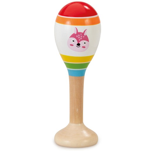 Colorful wooden maraca featuring a smiling animal face, with a red top, white body, and rainbow stripes, mounted on a smooth wooden handle.