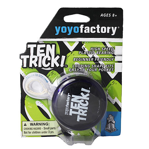 YoYo Factory Plus Yoyo in various colors, featuring a high-speed plastic bearing, beginner-friendly design, and compact size for easy portability, packaged with a vibrant green background.