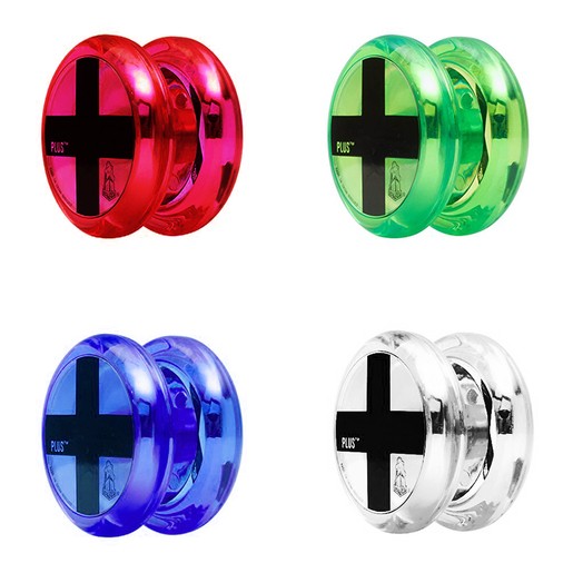 Four YoYoFactory Plus yoyos in vibrant colors: red, green, blue, and clear, each featuring a black cross design on the front and a shiny, smooth plastic finish.