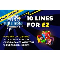 EuroMillions promo with 10 lines for £2, colorful game icons, and bold text on a blue and black background.