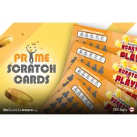 Orange and yellow Fishin' Frenzy scratchcards with Prime Scratchcards logo and coin graphics.