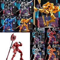 Multi-jointed 3D printed robot action figures in various colors, each with weapons and dynamic poses.