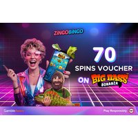 "70 Spins Voucher on Big Bass Bonanza by Zingo Bingo, featuring colorful retro graphics and a smiling woman holding a phone"