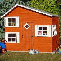 Shire Loft children's wooden playhouse, 8'x5'6, orange with white trim, diamond window on door, two side windows.