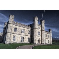 Digital murder mystery pack cover featuring a haunted castle with stormy sky and lightning.