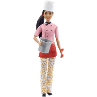 Barbie Career Chef Doll in pink chef coat, white hat, patterned pants, holding a pot and red utensil.