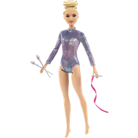 Barbie Career Rhythmic Gymnast Doll in sparkly leotard, holding clubs and pink ribbon, blonde hair in bun.