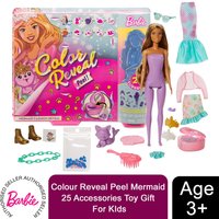 Barbie Colour Reveal Peel Mermaid doll with 25 accessories, including outfits, shoes, and a mermaid tail.