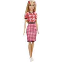 Barbie Fashionistas Doll in pink houndstooth top and skirt, blonde hair with pink highlights, and white sneakers.