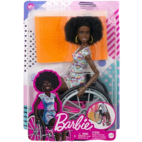 Barbie Fashionistas doll with afro hair, colorful dress, and wheelchair in vibrant packaging.