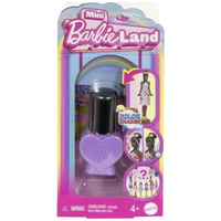 Barbie Mini Barbie Land doll in purple nail polish bottle blind box with rainbow packaging and surprise character graphics.
