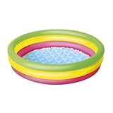 Colorful inflatable paddling pool with green, yellow, and pink rings, blue textured base for kids' outdoor play.