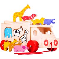 Wooden animal shape lorry with red wheels, featuring colorful animal cutouts and figures on top.