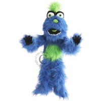 Blue furry monster toy with green patches, googly eyes, and a wide mouth, standing with arms raised.