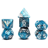 Set of blue marbled polyhedral dice with white numbers, including D4, D6, D8, D10, D12, and D20.