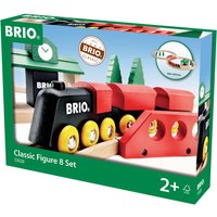 BRIO Classic Figure 8 Train Set with red and black engine, wooden tracks, bridge, and green trees in colorful box.