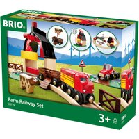 BRIO Farm Railway Set with red train, wooden tracks, barn, cow figure, and crane on colorful illustrated packaging.