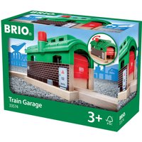 Green and red BRIO World Train Garage with brick design and sliding door, suitable for ages 3 and up.