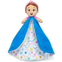Plush blanket toy with a smiling doll head, blue cape, and colorful pattern on white fleece for ages 3 and up.