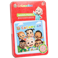 Red Cocomelon Puzzle Tin featuring cartoon children, 48 pieces, colorful design with playful characters on the front.