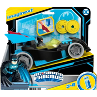 Black and blue Batmobile toy with Batman figure, yellow windshield, and detachable bat wings, by DC Super Friends.