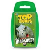 Green Top Trumps card pack featuring a roaring dinosaur on the front with "Dinosaurs" text.