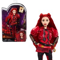 "Disney Descendants doll with red hair, red outfit, black accents, and heart-shaped accessories in themed packaging"
