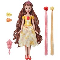 Belle doll in yellow dress with red rose, long brown hair, pink tiara, and accessories including hair extensions and brush.