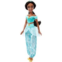 Disney Princess Jasmine doll in turquoise outfit with gold accents, long black hair, and yellow shoes.