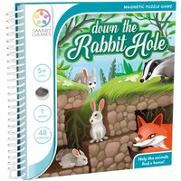 "Down The Rabbit Hole Puzzle Game with spiral binding, featuring illustrated animals like rabbits, fox, and badger."