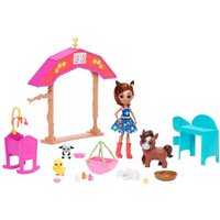Barnyard Nursery Set with doll, pink arch, animal figures, blue furniture, and farm accessories.