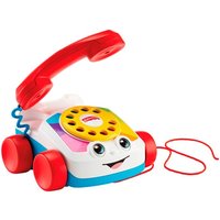 Fisher Price Chatter Toy Phone with red handset, smiling face, rotary dial, and red wheels.