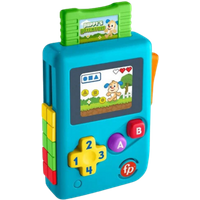 Blue Fisher Price toy game console with colorful buttons, screen showing a dog, and a green cartridge on top.