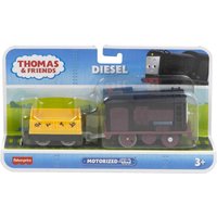 Black and yellow Fisher-Price Thomas & Friends Diesel motorized engine with red wheels in clear packaging.
