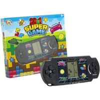 Black handheld console with colorful buttons and retro graphics, boxed with "23-in-1 Super Game" branding.