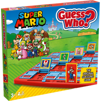 "Guess Who Super Mario board game with Mario characters on a colorful box, featuring red and blue game boards"