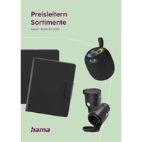 Hama Price Tiers 2024 catalog with black notebook, speaker, and camera lens on light green background.