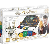 Harry Potter board game with colorful cards, circular game board, and Triwizard Cup imagery on the box.