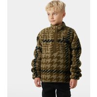 Brown Helly Hansen juniors' sweater with houndstooth pattern, high collar, and half-zip front.